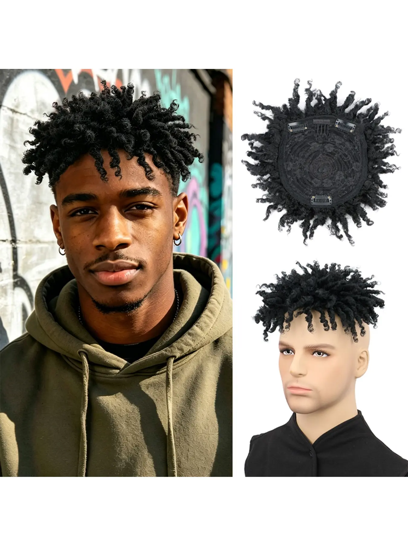 Dreadlocks Hair Topper for Men 3 Inch Synthetic Braided Dreadlocks Curly Dreads Wig Men Funny African for Halloween Costumes, Cosplay Festivals & Themed Events, Artificial Wig