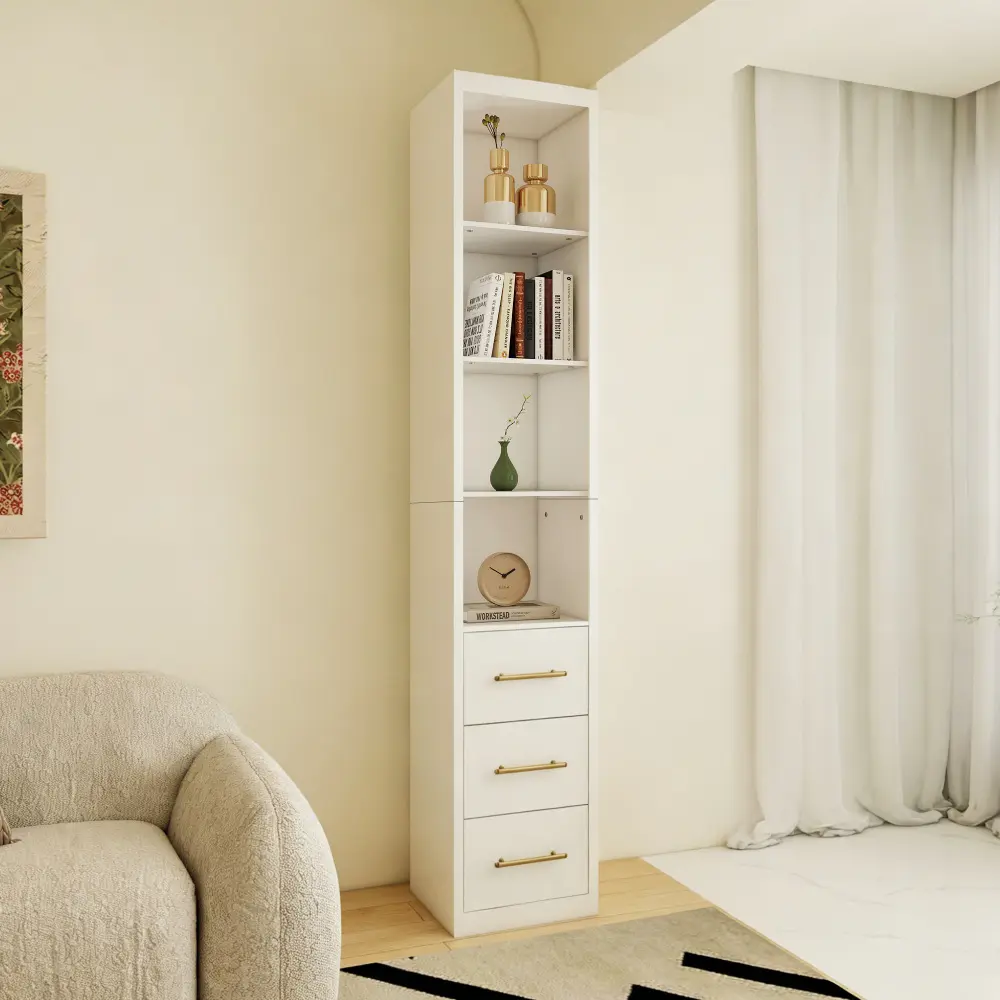 15.75" x 85.04" Tall White Storage Cabinet with 3 Drawers, Slim Sideboard Organizer Tower for Bedroom, Living Room, Bathroom, Laundry Room & Home Office, Freestanding Narrow Storage Cabinet, Vertical Floor Cabinet with Shelves for Small Spaces