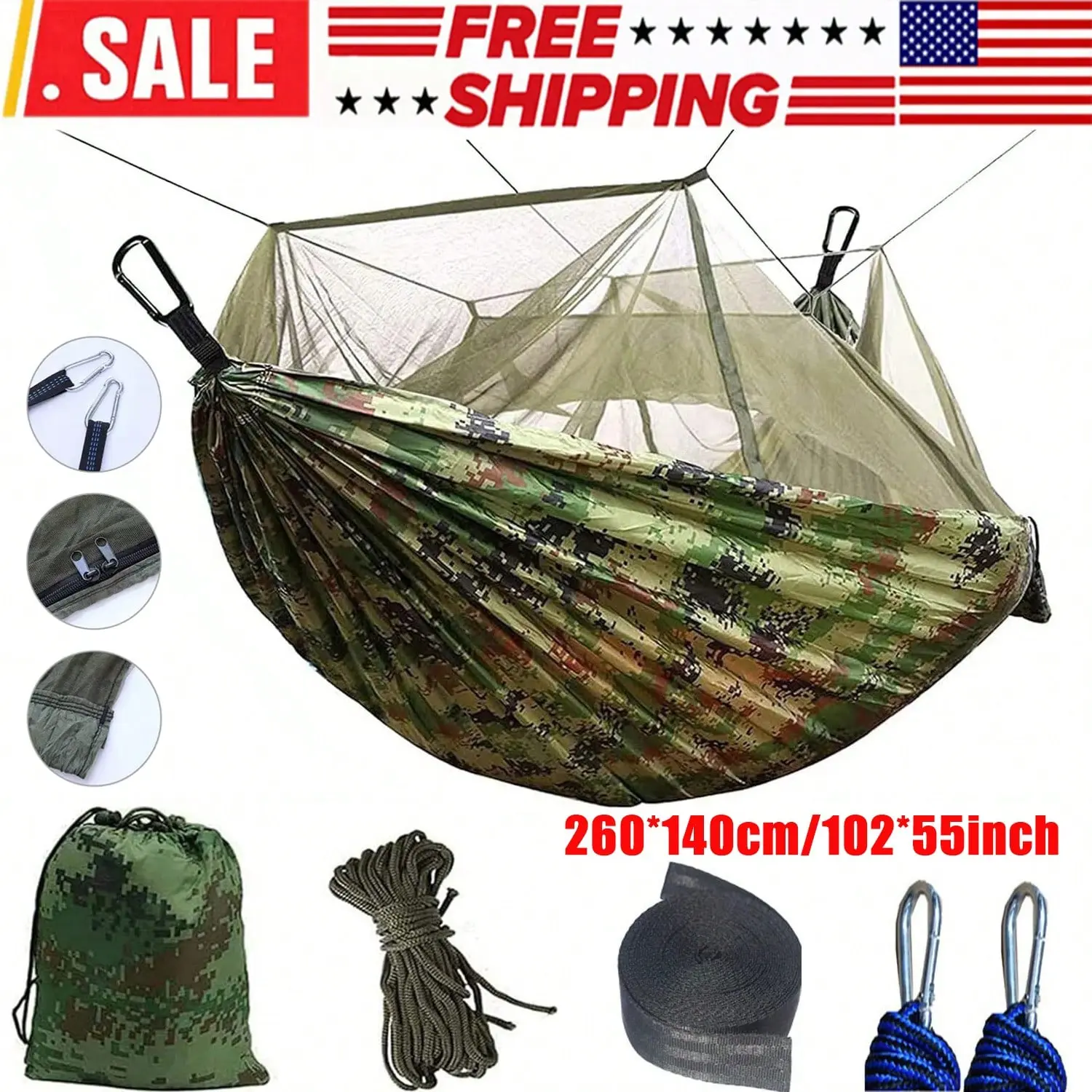 Portable Double Camping Hammock Tent with Mosquito Net Hammock - Ultra Light and Durable Double/Single Travel Hammock 210T Parachute Nylon with Tree Belt 660lbs Garden Camping Backpack Capacity, Camouflage