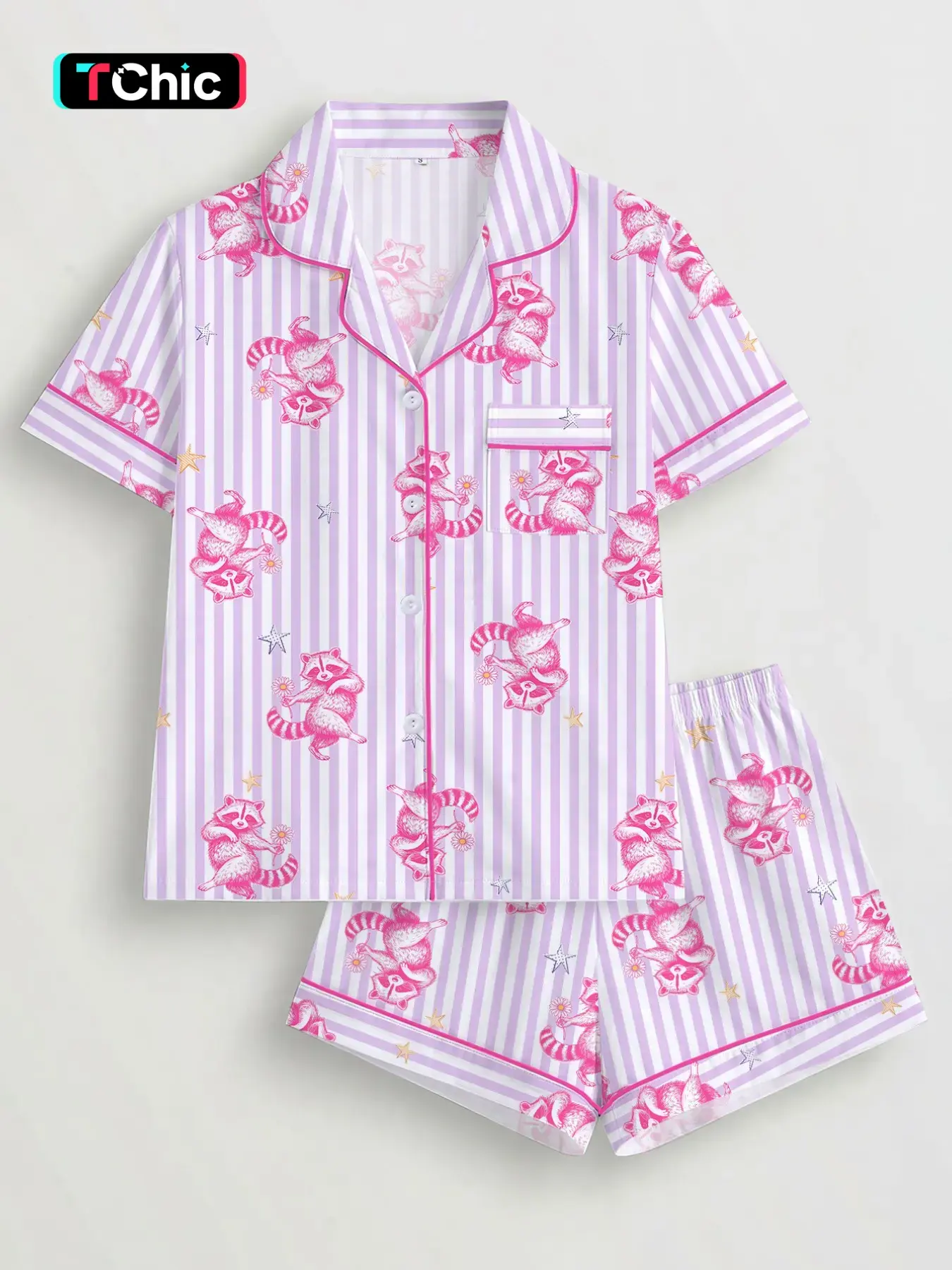 Fresh Light Striped Pajama Set, Girl Lapel Short Sleeve Cardigan, High Elastic Waist Shorts, Cute Animal Print Home Wear, Summer Sleepwear Set