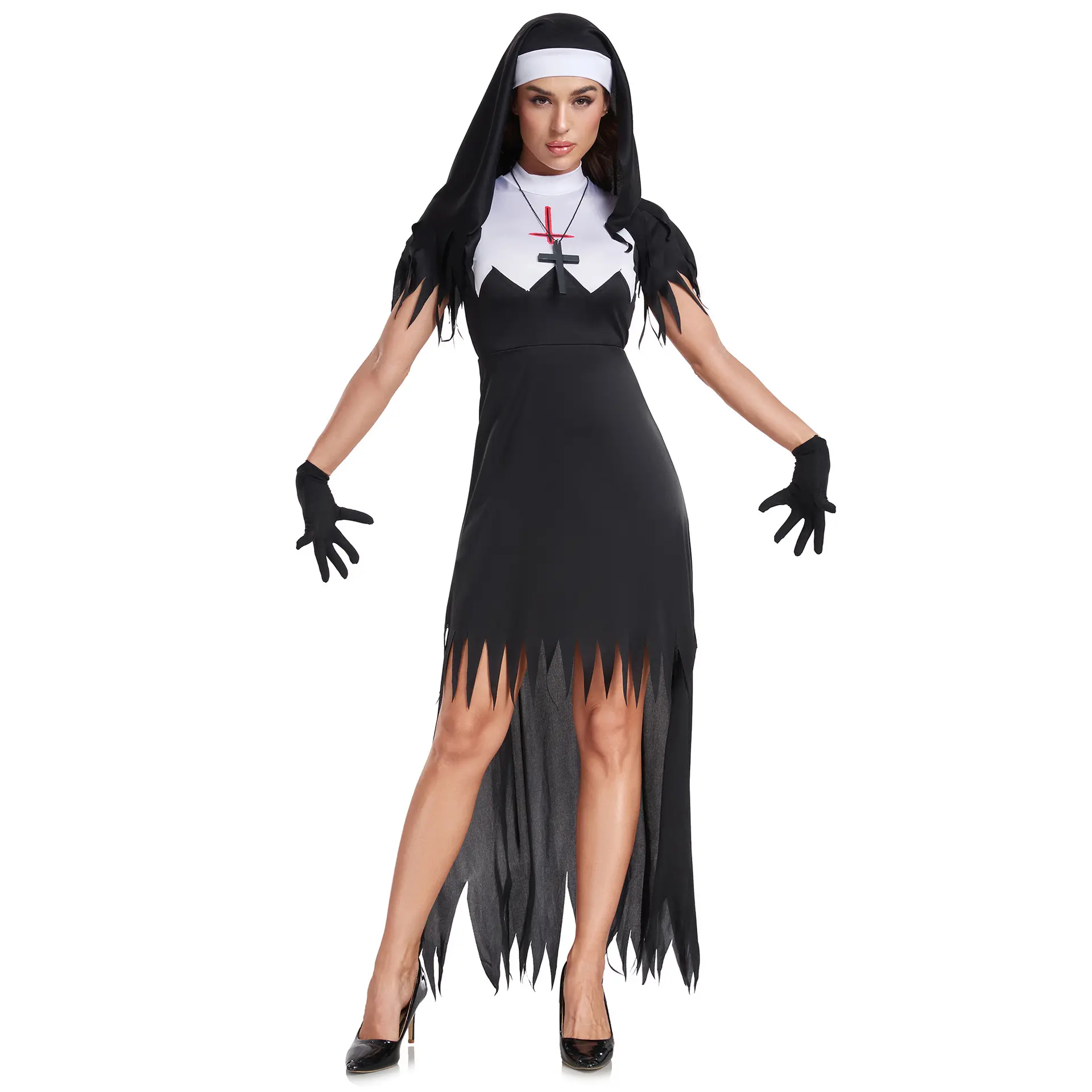 Women Evil Nun Halloween Cosplay Costume, Tattered Zombie Nun Dress with Headscarf, Gloves & Cross Pendant, Scary Outfit for Halloween Party
