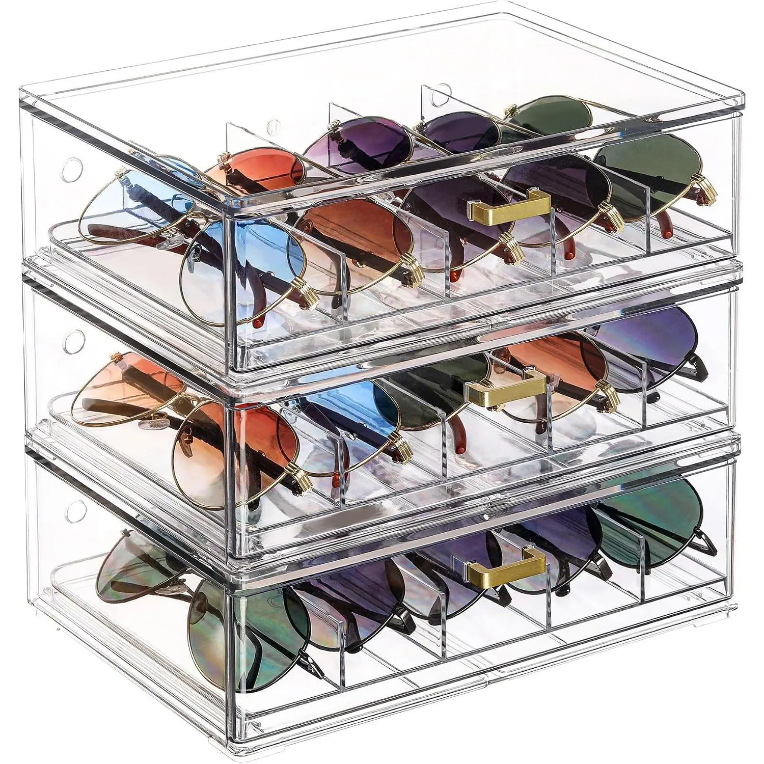 Clear Acrylic Sunglasses Organizer, Stackable Eyeglass Storage Case with Gold Handles, Glasses Display Holder