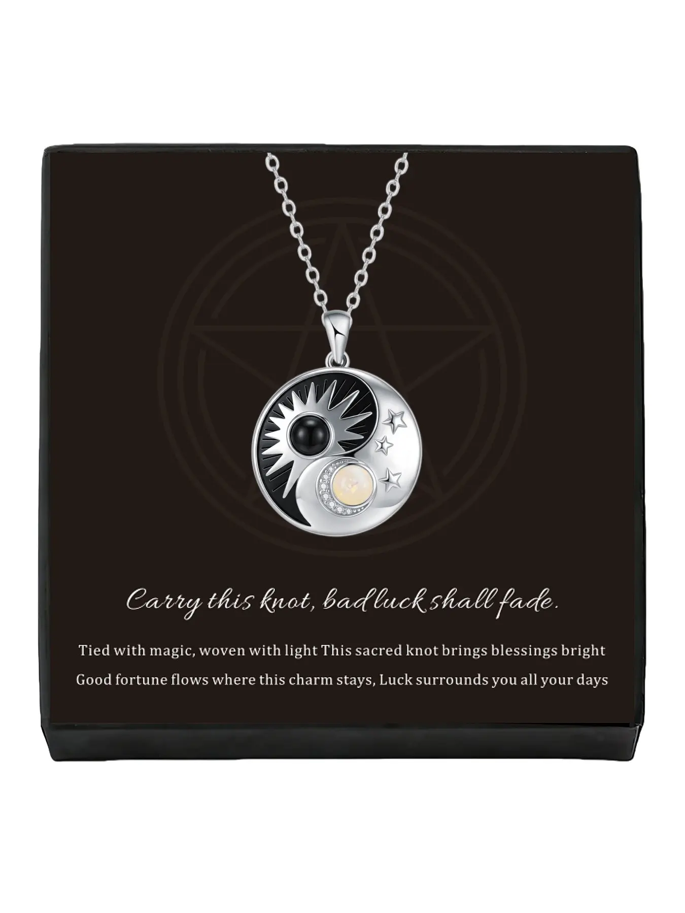 Star Balance Taiji Necklace with sun, moon & stars, unique opal pendant, colorfast clavicle chain. Comes with greeting card, mystical lucky gift for dates, Valentine’s Day and birthdays.