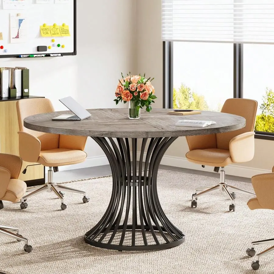 Round Conference Table 4-6, 47-Inch Conference Room Table With Thickened Tabletop And Metal Base, Industrial Meeting Table Office Meeting Room