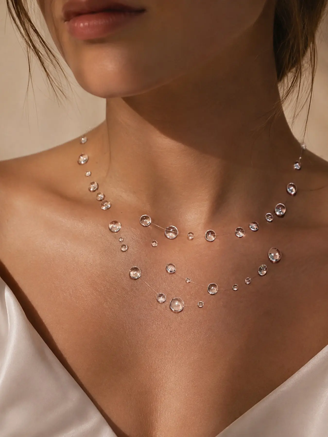 1PC Floating Bead Necklace, Layered Transparent Bead Illusion Necklace, Multi Strand Statement Jewelry, Elegant Wedding Guest Necklace, Bridal Party Accessory, Bridesmaid Gift, Back to School Style, Holiday Gift