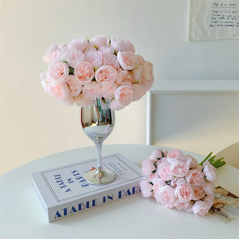 27 small peony bouquets with artificial flowers in a vase, decorative ornaments for the living room