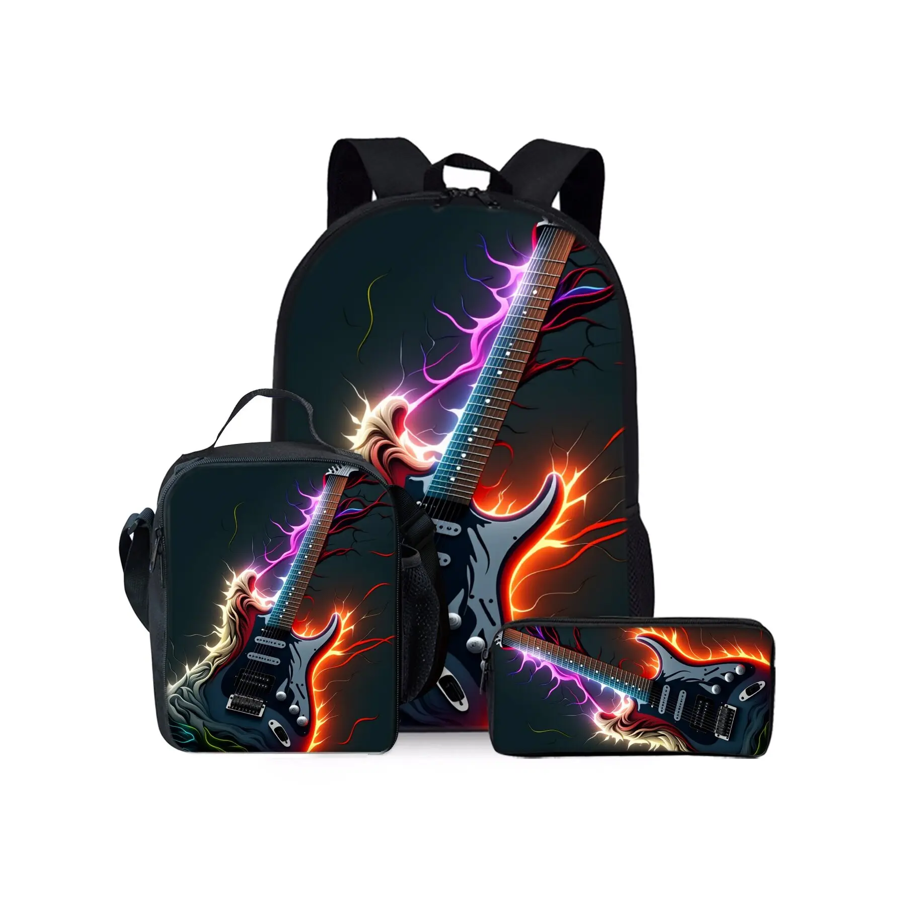 3PCS Electric Guitar Backpack Set for Students, Rock Music School Bookbag with Matching Lunch Bag and Pencil Case, Cool Music Backpack for Boys Girls Teens, Large Backpack for School Travel Daily Use