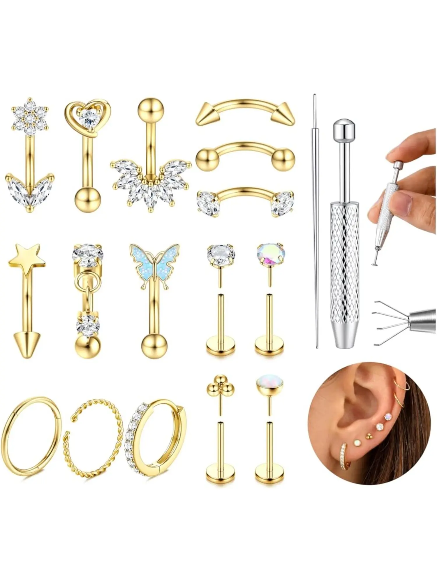 Unisex 16G Hypoallergenic 316L Surgical Steel Piercing Jewelry Set Silver Gold Rose Gold Tone, Curved Barbells Vertical Labret Lip Eyebrow Rook Daith Helix Conch Cartilage Stud Hoop Earrings for Men Women
