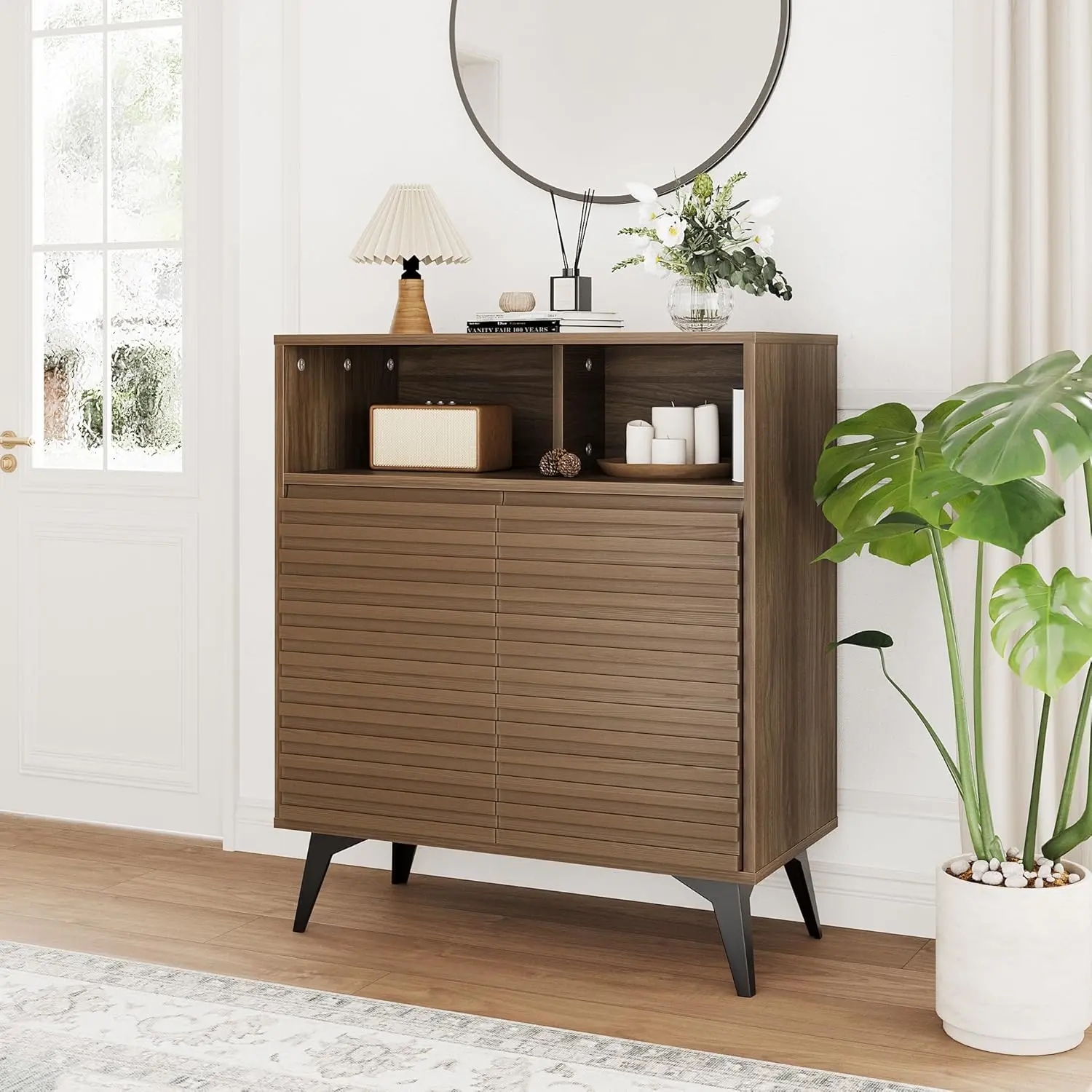 Gaomon Modern Walnut Fluted Sideboard Buffet Cabinet – 2 Doors, Adjustable Shelves, Freestanding Storage – Perfect for Kitchen, Dining Room, Entryway – Ideal Coffee Bar or Credenza