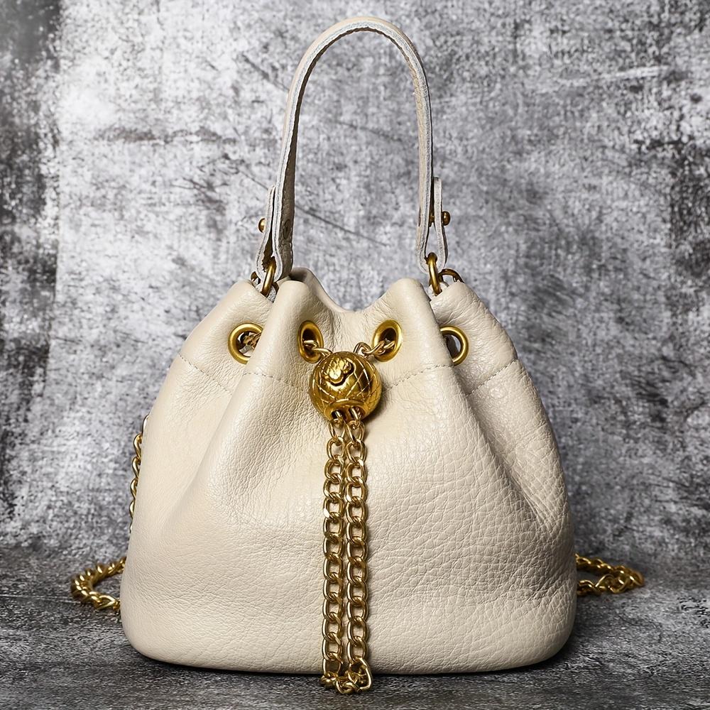 Ladies' First-Layer Cowhide Bucket Bag, Genuine Leather Handbag with Golden Hardware, Detachable Shoulder Strap with Chain Decoration, Elegantly Stylish Design, Multifunctional Fashion Accessory |     Elegant Design |     Vegan Handbag