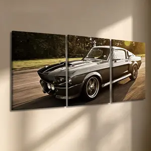 3 Counts/set Car Pattern Canvas Painting with Wooden Frame, Dark Gray Vintage Fastback Coupe Triptych Canvas Wall Art, Sunny Forest Asphalt Track Print, Dynamic Motion Blur Retro Racing Vibe, Modern Automotive Man Cave Garage & Living Room Wall Decor