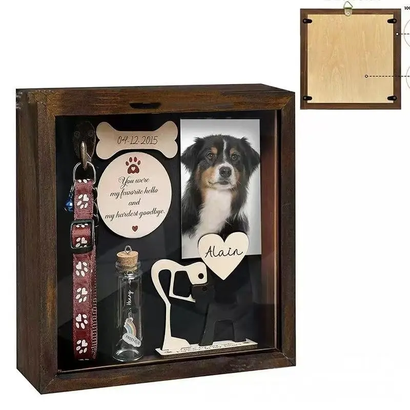Wooden Pet Frame Wall Mountable, Memorial Photo Frame with Collar Holder, Storage Box with Ink Pad, Pet Memorabilia Organizer
