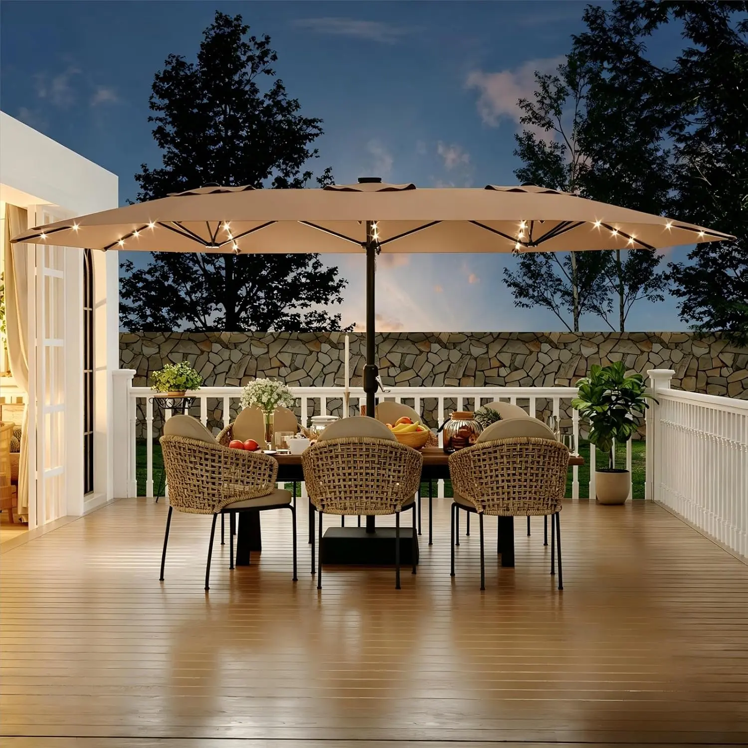 15 FT Outdoor Patio Umbrella with Base Included, Solar Powered Lighted Patio Table Umbrella, 10 Heavy Duty Metal Ribs, Waterproof UV Protection, Crank Tilt Adjustable Shade for Poolside, Garden, Deck, Backyard Outdoor Use