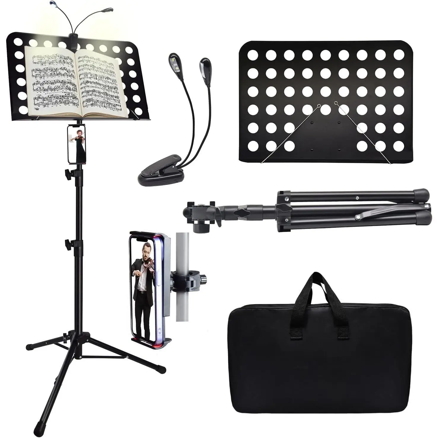 Sheet Music Stand with Light & Phone Holder, 57" Music Stand for Sheet Music High Stability, Height Adjustable Music Sheet Stand with Carrying Bag, Portable Music Book Holder (33-57inch)