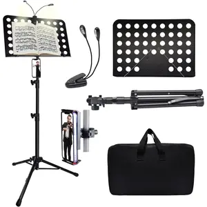 Sheet Music Stand with Light & Phone Holder, 57" Music Stand for Sheet Music High Stability, Height Adjustable Music Sheet Stand with Carrying Bag, Portable Music Book Holder (33-57inch)