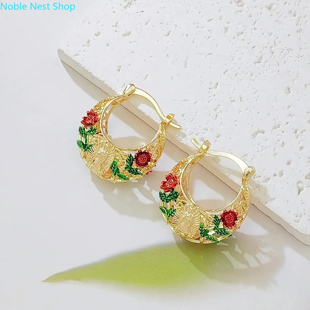 Women 18K Gold Plated Virgin Mary Guadalupe Hoop Earrings, Vintage Enamel Rose Filigree Huggie Dangles, Delicate Mexican Religious Faith Jewelry for Spiritual Holiday Gift