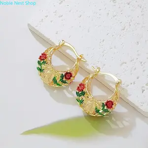 Women 18K Gold Plated Virgin Mary Guadalupe Hoop Earrings, Vintage Enamel Rose Filigree Huggie Dangles, Delicate Mexican Religious Faith Jewelry for Spiritual Holiday Gift