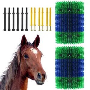 3-Pack Livestock Scratching Brush Set, 2 Brushes per Set, Blue and Yellow, Plastic and Nylon Bristles, 9.1 x 17 Inches per Brush