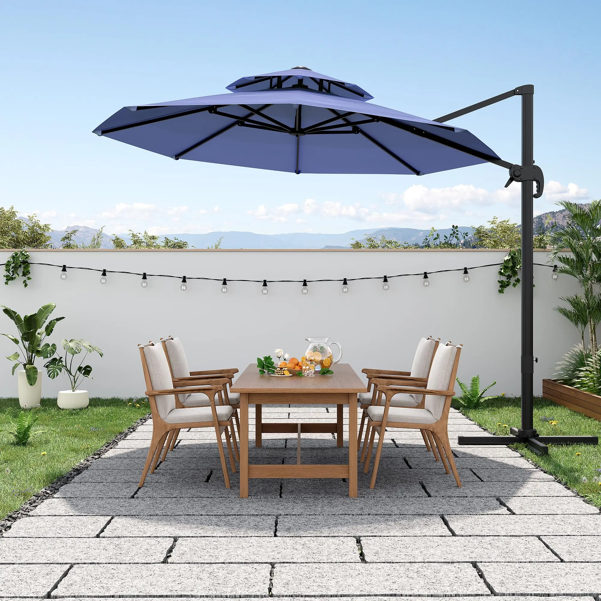 10FT Offset Cantilever Patio Umbrella – 360° Rotation, Easy Tilt, UV Protection, Fade-Resistant Polyester – Large Outdoor Sun Shade Parasol for Pool, Deck, Garden, Backyard