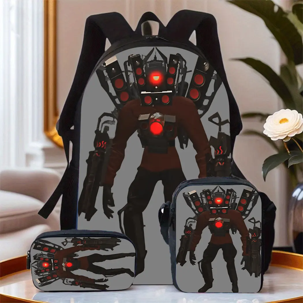 Durable Water Resistant 3-Piece Backpack Set for Kids, Lightweight School Bag with Lunch Box, Gray Background Red Glow Multi-Speaker Titan Speaker Man Game Graphic Print, Spacious 15in Laptop Pocket & Soft Breathable Padded Straps