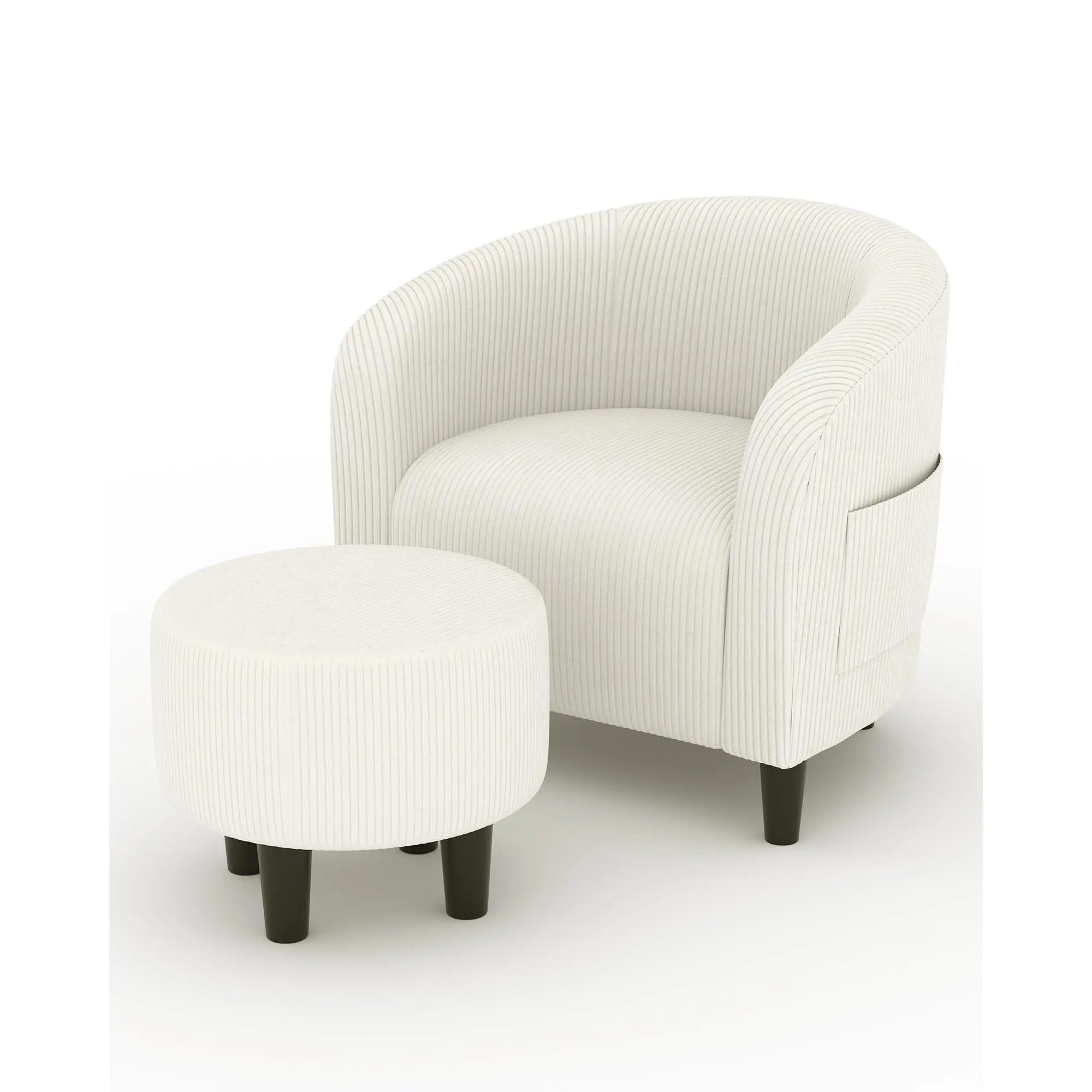 Accent Chair with Ottoman Set - Corduroy Barrel Chair, Comfy Reading Chair with Side Pocket, Single Sofa Chair for Small Space, Reading Nook Chair, Living Room