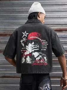 Men's Streetwear American Hip-Hop Star Print Shirt, Casual Loose Fit Denim Short Sleeve, Comfortable Daily Wear, Unisex Jeans Shirt