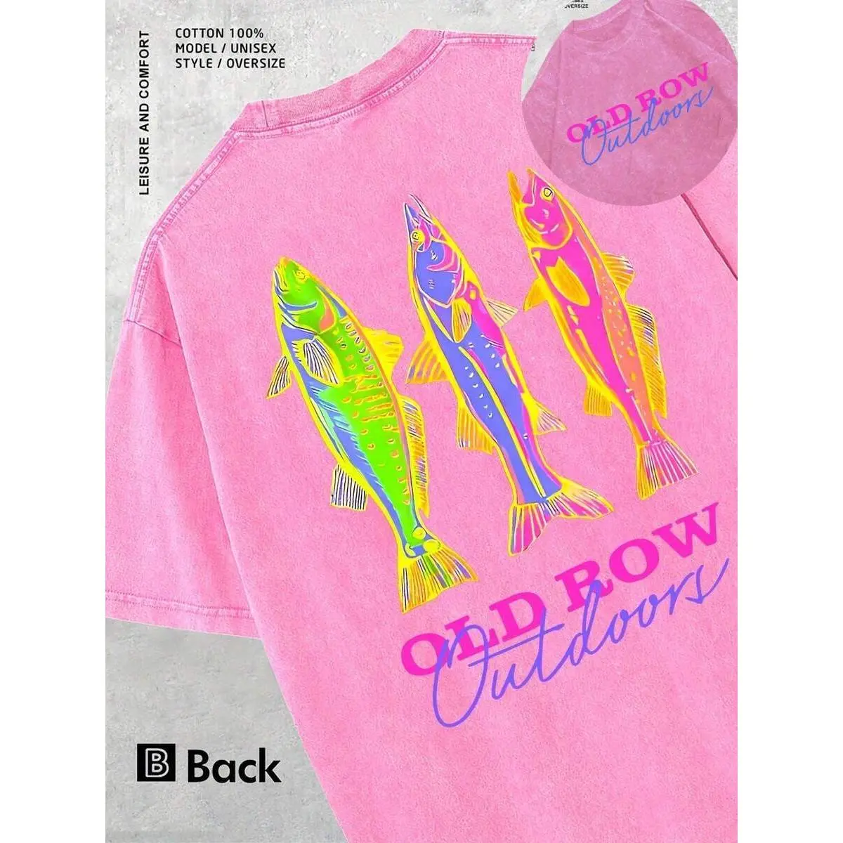 OLD ROW Men'S Vintage 230g Washed Cotton T-Shirt With Colorful Fish Print, Double-Sided Design, Casual Crew Neck Short Sleeve, All-Season Comfort