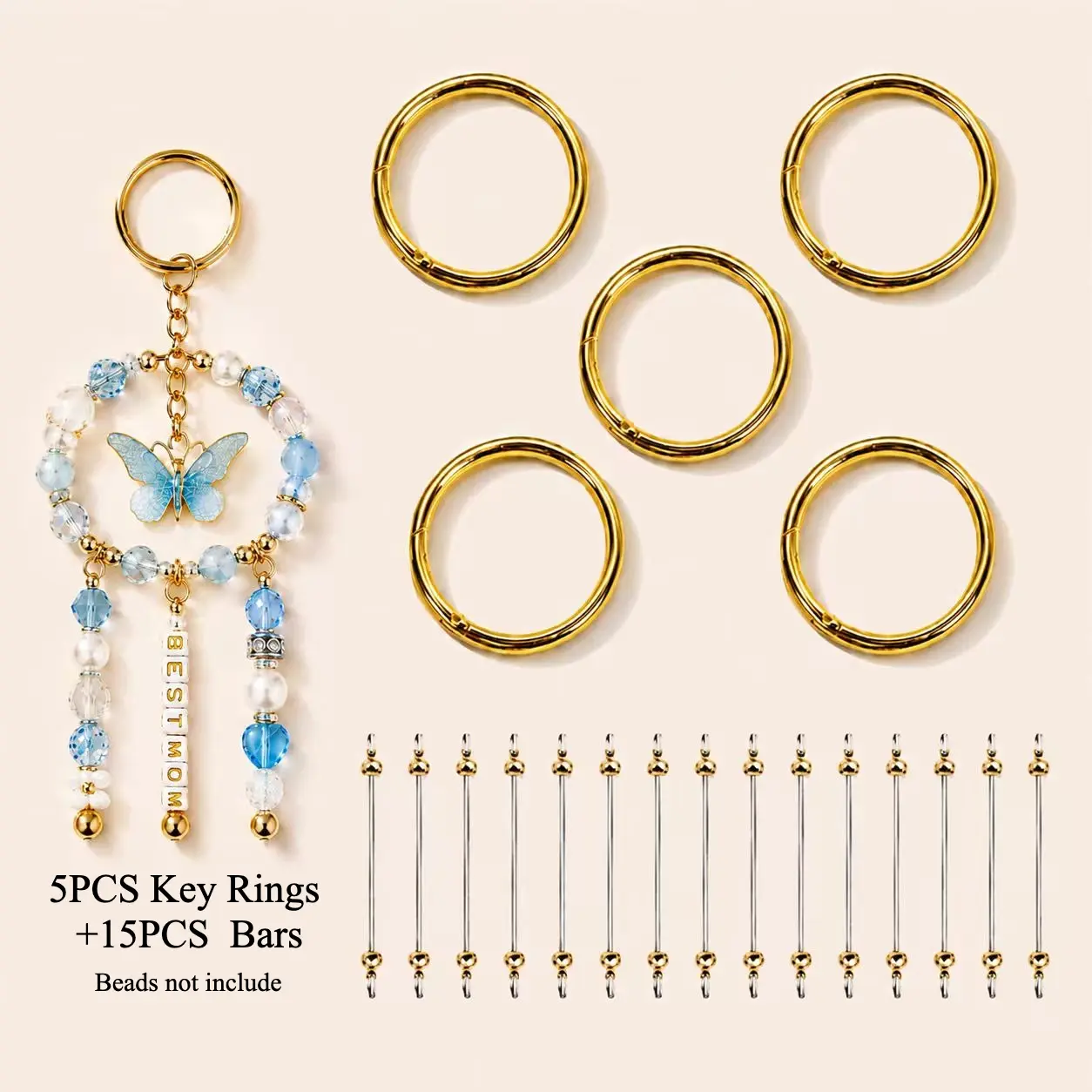 20PCS DIY Beadable Keychain Kit, 5PCS 60mm Split Key Rings with 15PCS Blank Beadable Bars, Keychain Making Accessories for DIY Crafts, Bag Charms, Wedding Favors, Birthday Gifts, Holiday Gifts, Soccer Event Bag Decorations