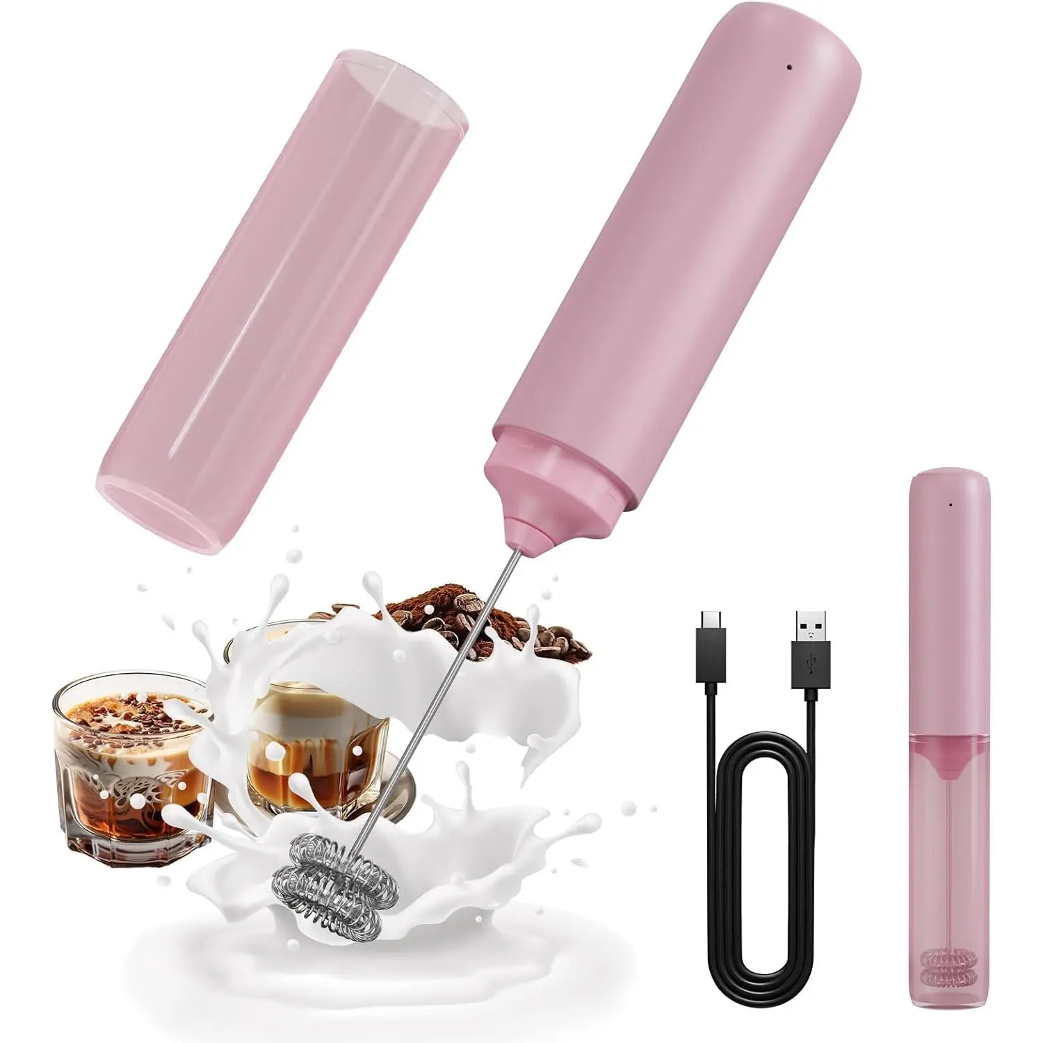 Portable Rechargeable Milk Frother Hanheld, Dual Spring Whisk Electric Coffee Frother Wand Drink Mixer for Matcha Lattes Cappuccino, Kitchen Gifts, Pink