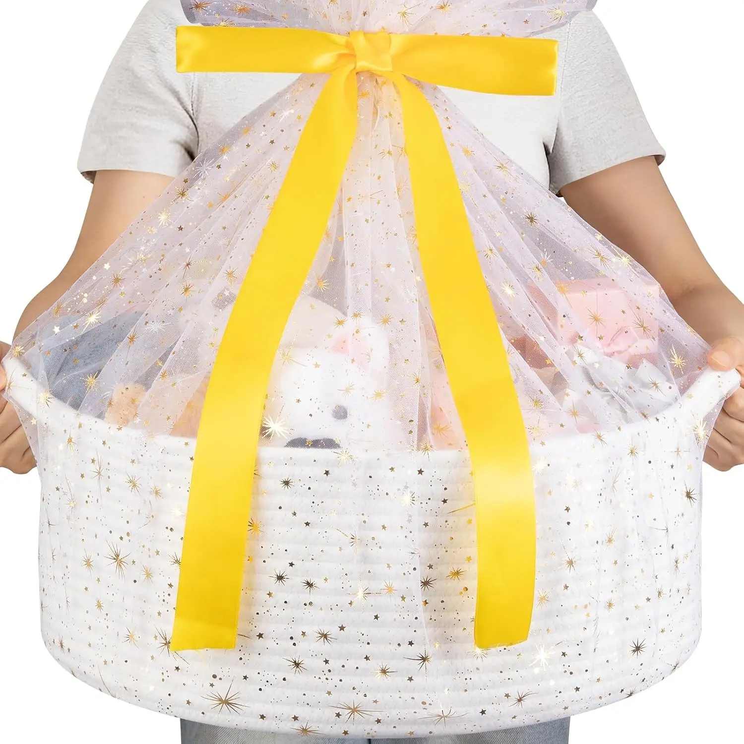 Large Gift Basket Empty 17" x 12.6" x 7", Storage Basket with Gift Bag, Ribbon and Glitter Tulle for DIY Anytime, Toy Storage for Kids, Dogs with Handles in A Stylish Design - White