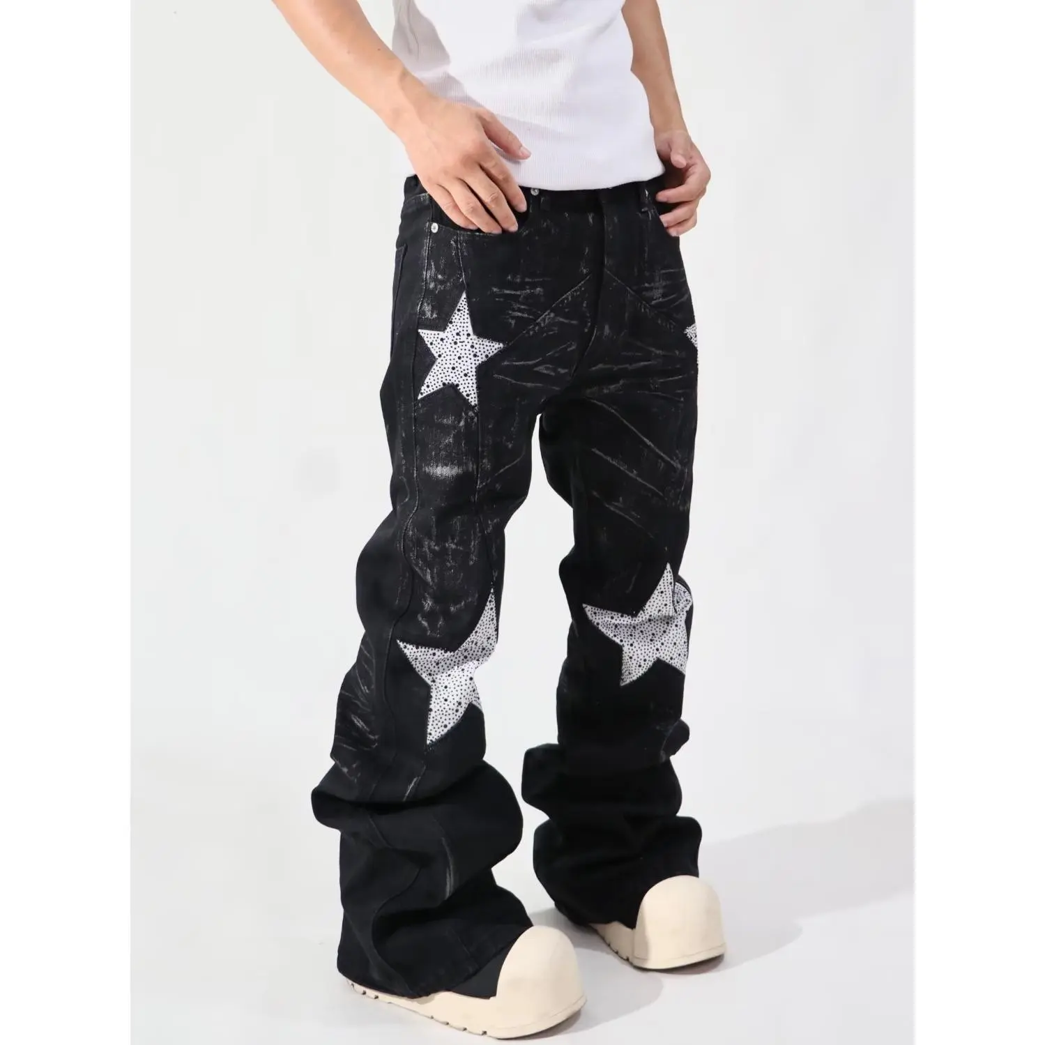 Retro ripped rhinestone star jeans for men, teen hip-hop rock style distressed flared pants quick-dry