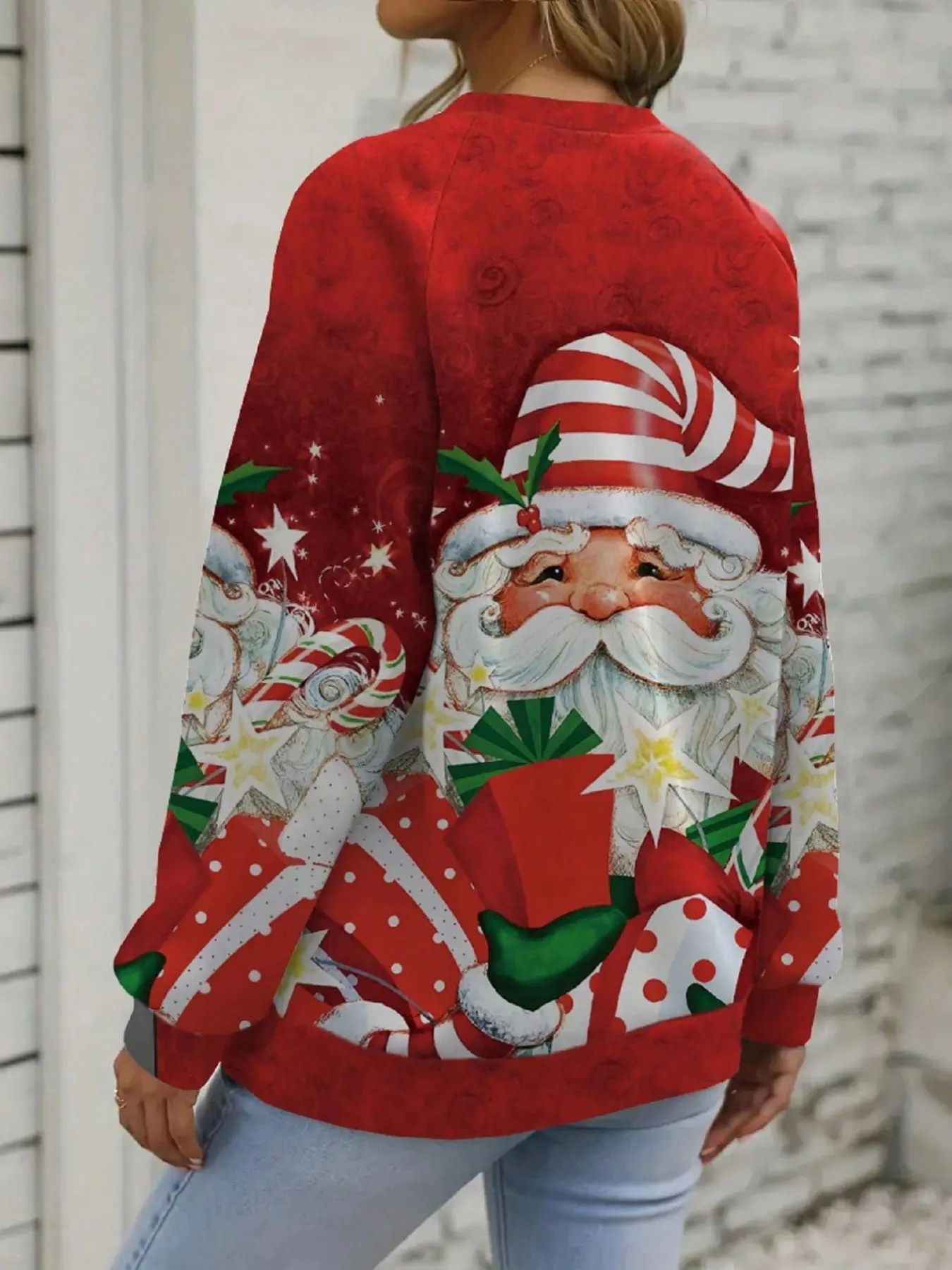 Plus Size Women's Christmas Santa Long Sleeve Sweatshirt, Casual Loose-Fit Top, Fall & Winter Fashion, 3 Color Options