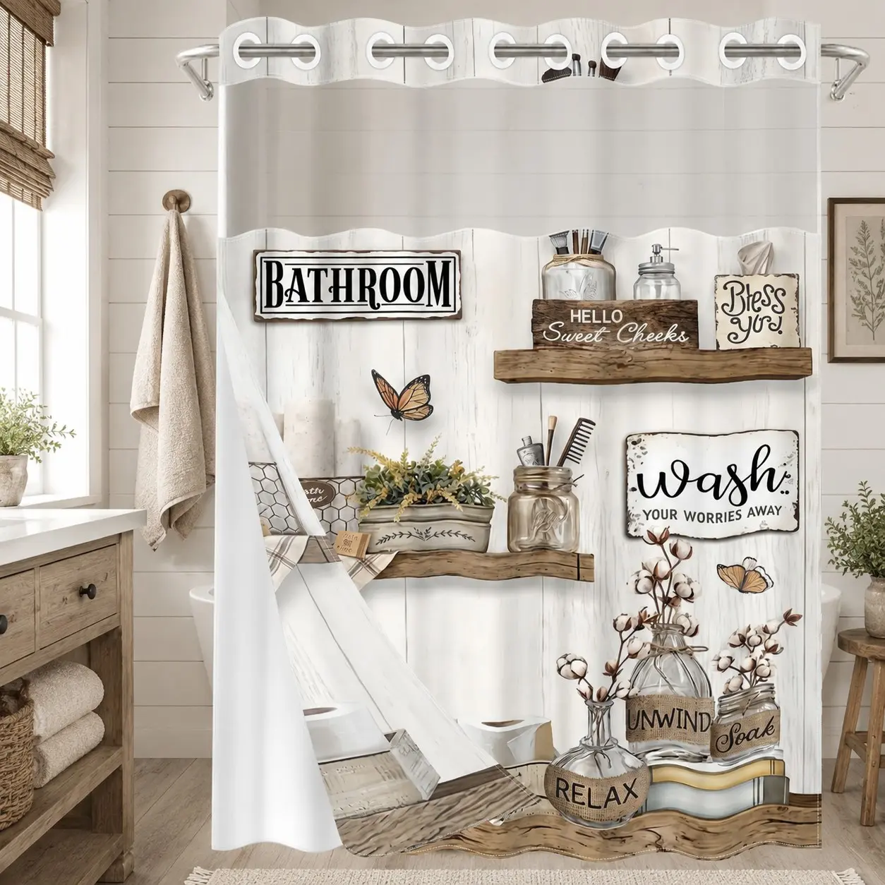 Hookless Double-Layer Shower Curtain, 1 Count Rustic Farmhouse Butterfly, Shelf and Sign Print Bathroom Curtain with Removable Snap-In Liner and Sheer Top Window, Water-Repellent Washable Fabric, Ideal for Rental Apartment Bathtubs & Showers