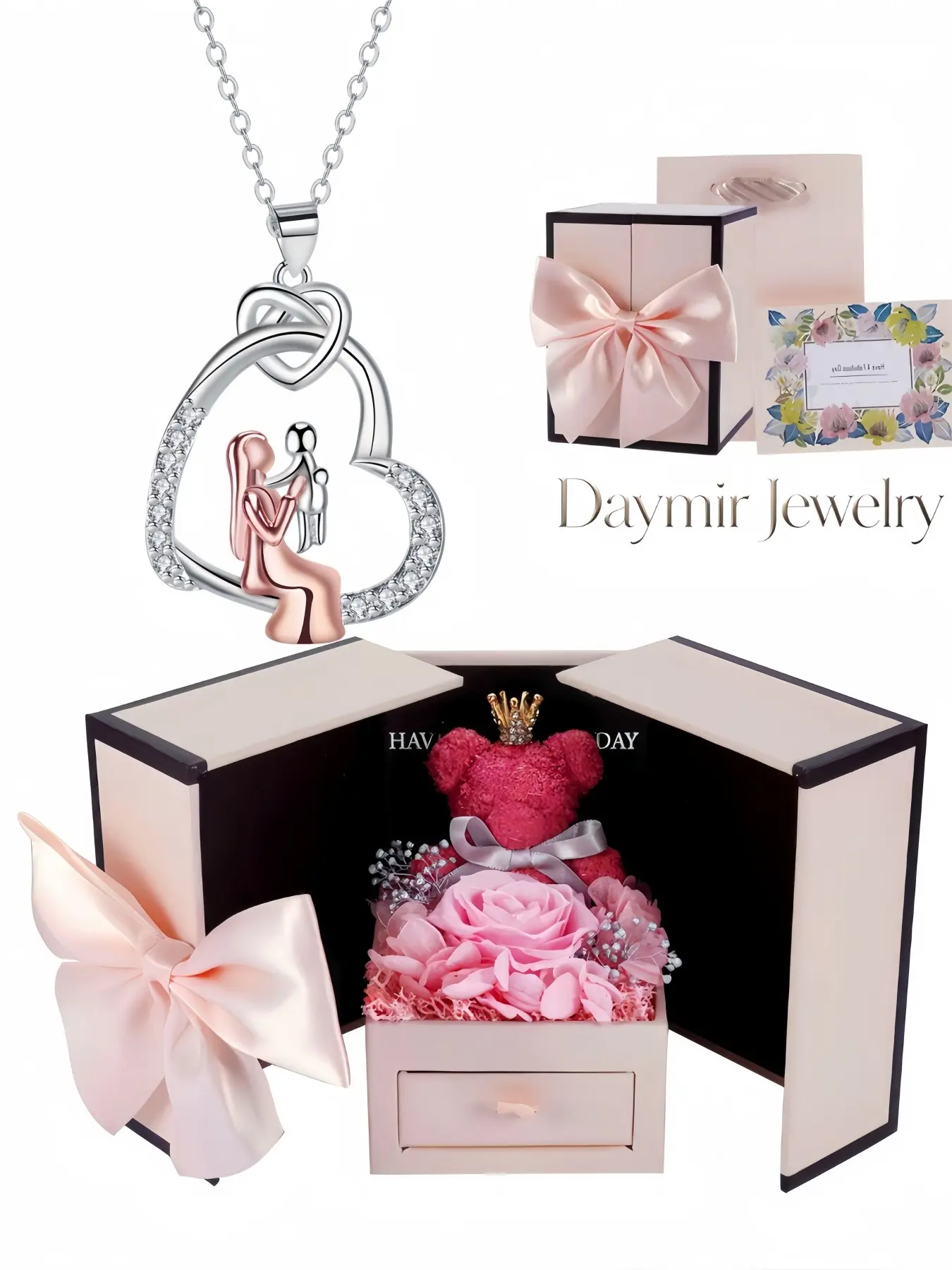 Eternal Motherly Bond Necklace, delicate heart gem jewelry for mother and child. With preserved rose bear gift box, it’s a thoughtful surprise gift for birthdays, Valentine’s Day, Mother’s Day and Christmas.
