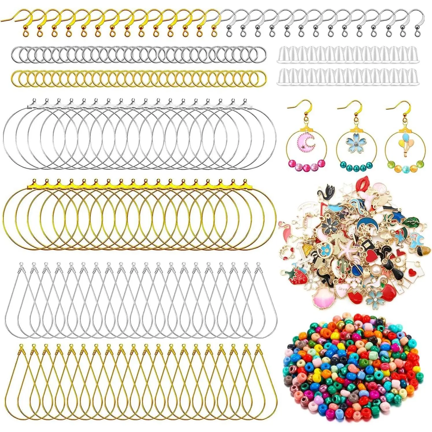 Earring Making Kit with 740 count Beading Hoop Earring Finding Component Accessories Hooks Jump Rings Loop Earring Backs Beads and Charms for  Making(740)