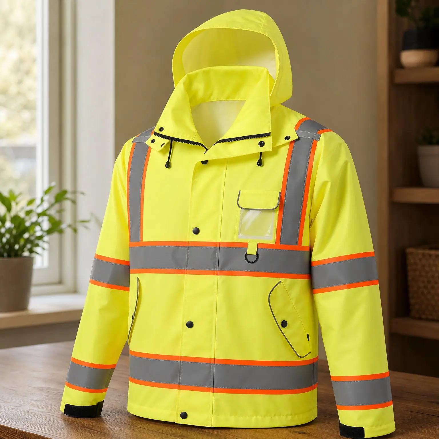 Waterproof ANSI Class 3 Hi Vis Reflective Rain Jacket with PU Coating, 360° Reflective Strips, Adjustable Cuffs, Large Utility Pockets, Unisex