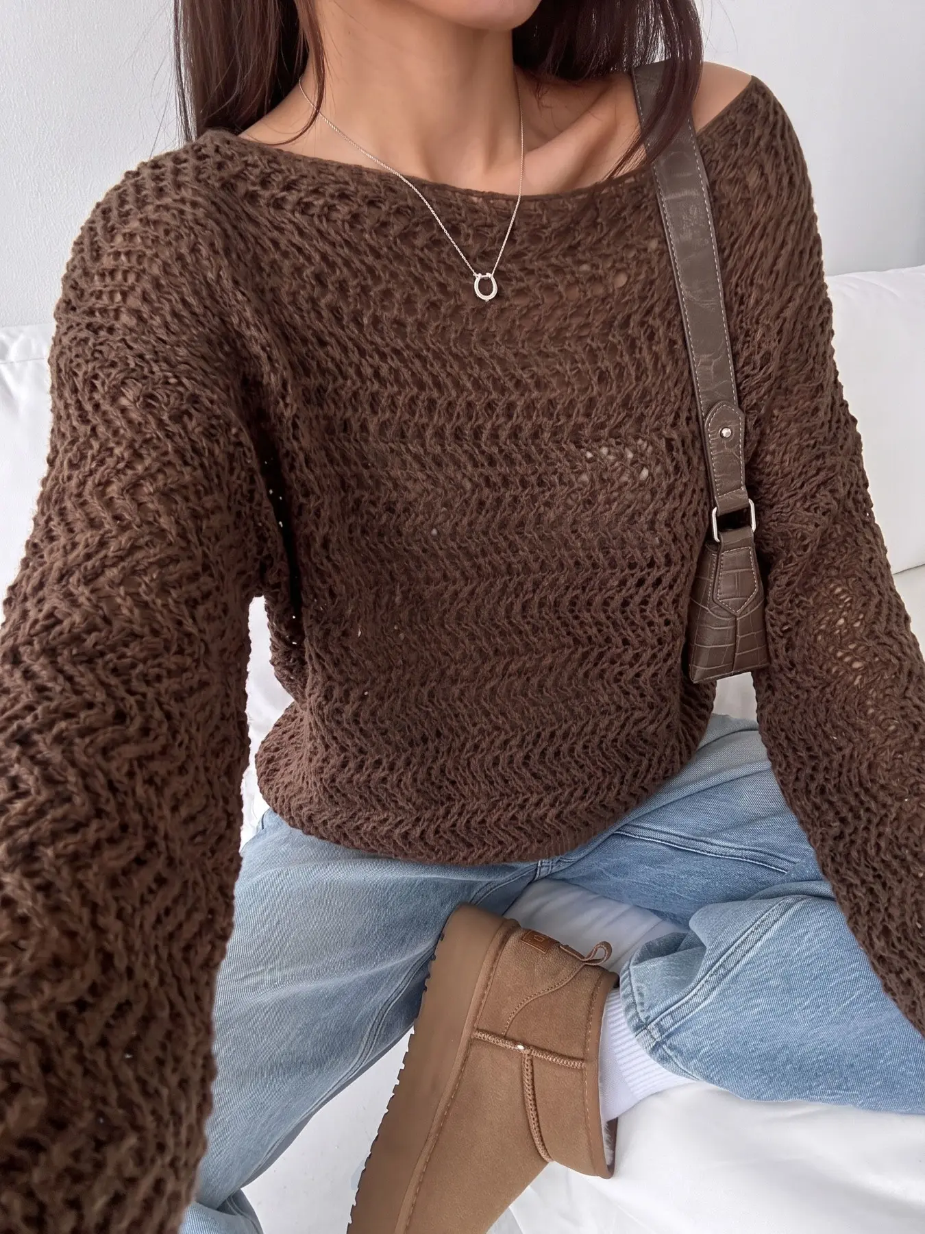 Tops, Women's Tops, Going Out Tops, Women Loose Hollow Knit Long Sleeve Jumper, Asymmetric Off Shoulder Wavy Mesh Knit Casual Fall Sweater