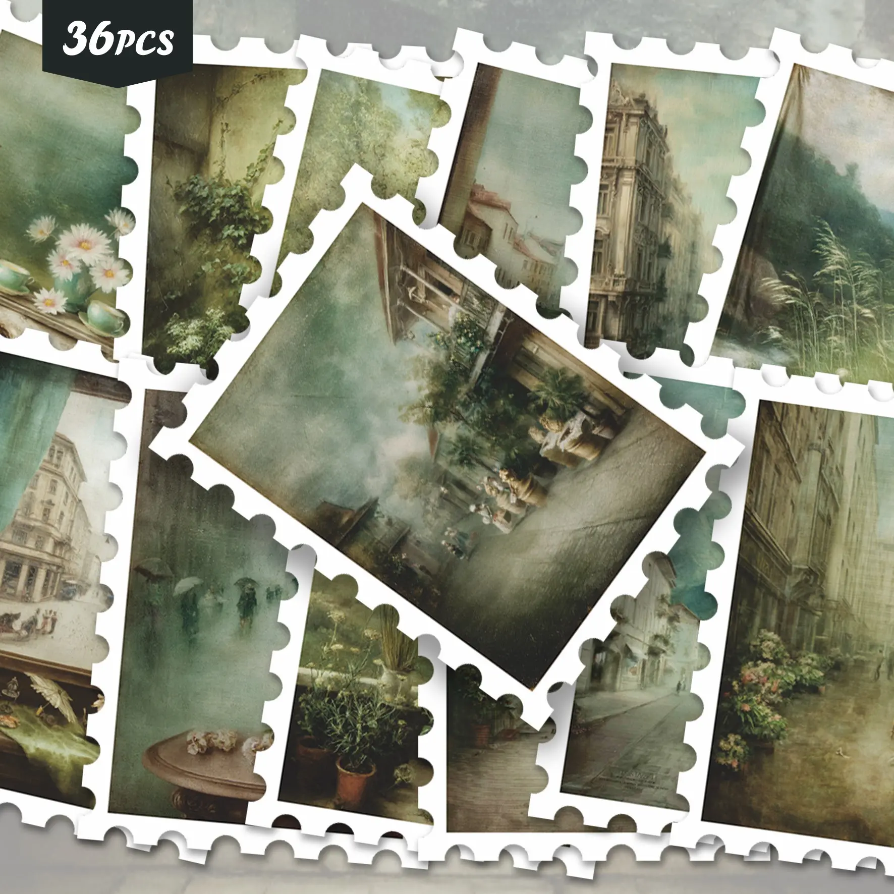 36 Pcs Muted Misty Green Town Mountain Vinyl Stickers, Soft Watercolor European Street Floral Landscape Border Decals, For Laptop Water Bottle Notebook Luggage Wall, Vintage Landscape Scrapbook Supplies