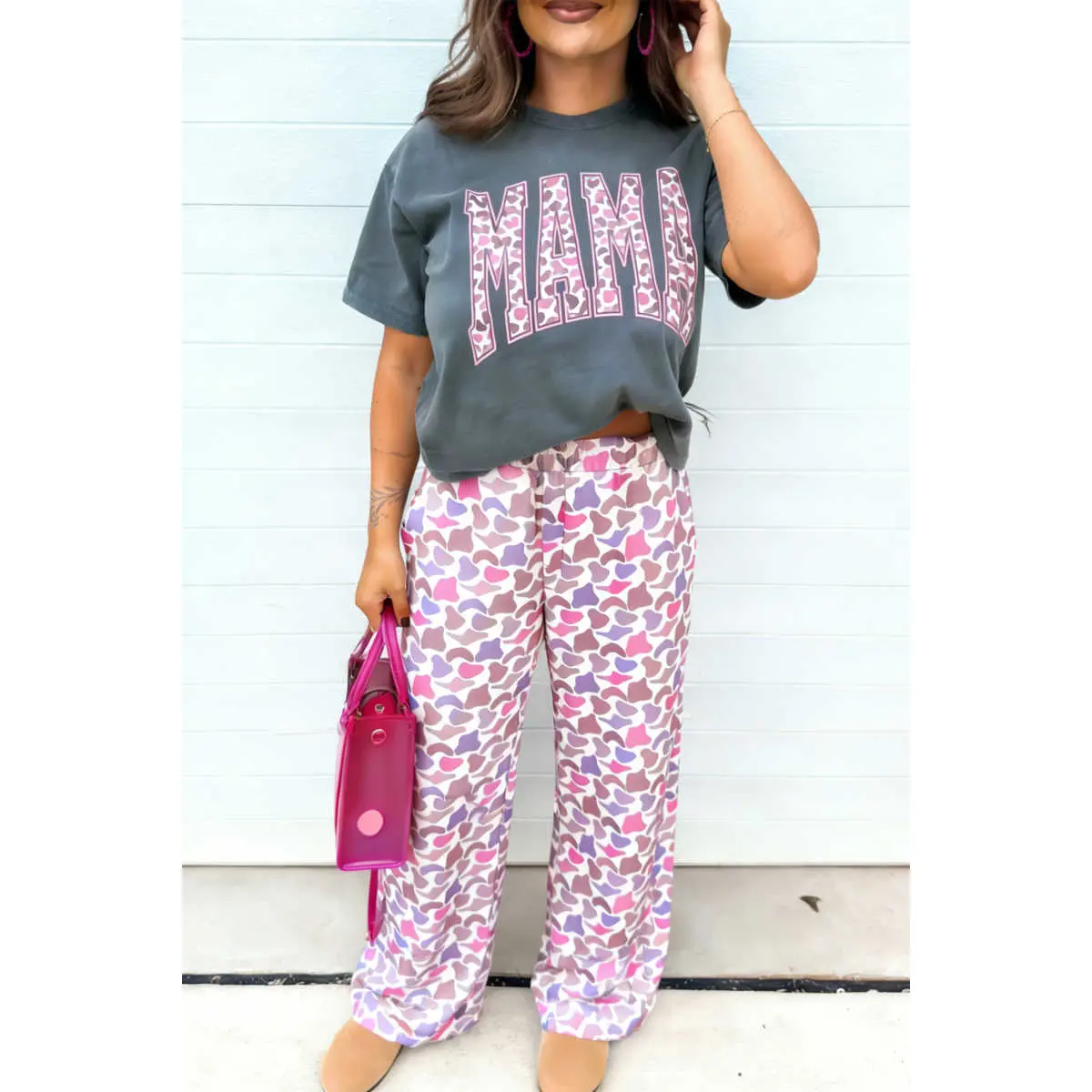 Women's 2-Piece Casual Matching Clothes Set - Medium Grey Short MAMA Letter Graphic Tee, Elastic Camouflage Print Loose Pants
