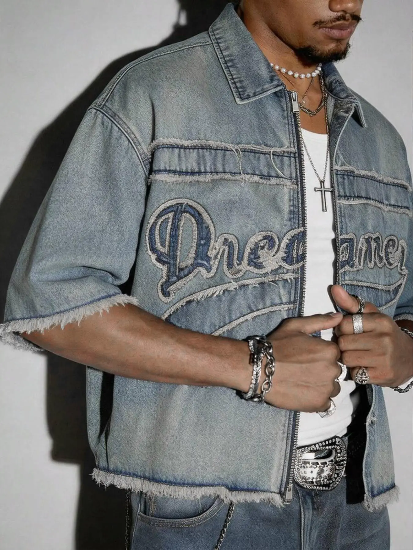 2026 New Men's Light Wash Denim Casual Streetwear Inspired Top Shirt, Patchwork Embroidery, Frayed Edge Post-Apocalyptic Style, Comfortable Daily Wear, Short Sleeve