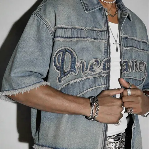 2026 New Men's Light Wash Denim Casual Streetwear Inspired Top Shirt, Patchwork Embroidery, Frayed Edge Post-Apocalyptic Style, Comfortable Daily Wear, Short Sleeve