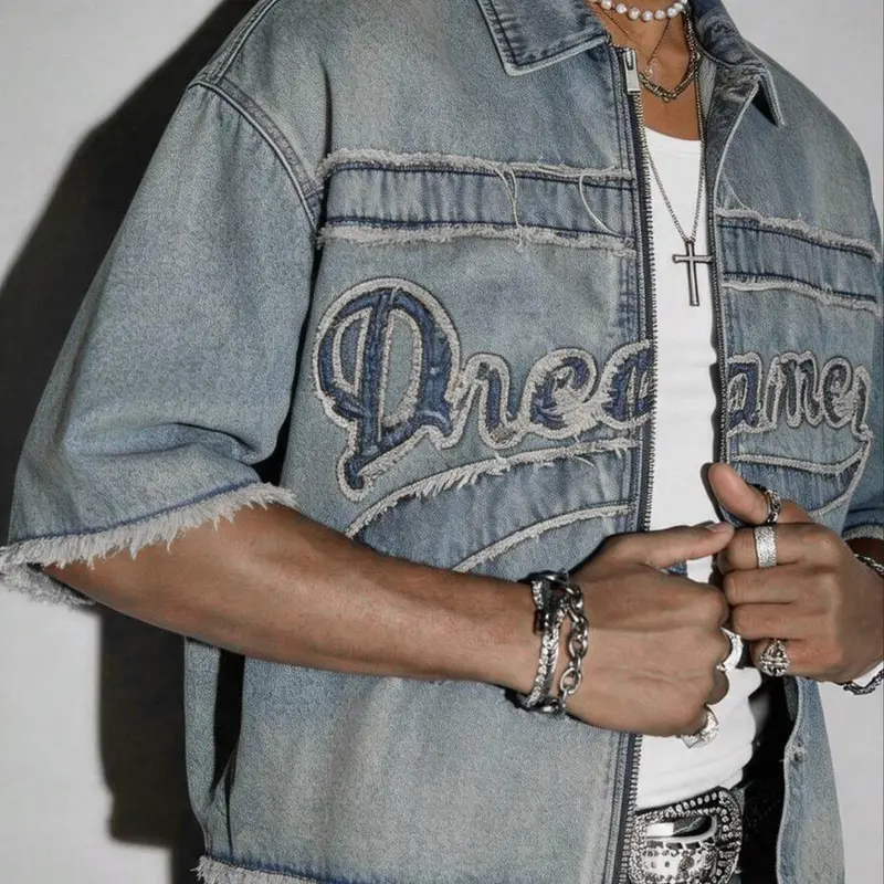 2026 New Men's Light Wash Denim Casual Streetwear Inspired Top Shirt, Patchwork Embroidery, Frayed Edge Post-Apocalyptic Style, Comfortable Daily Wear, Short Sleeve
