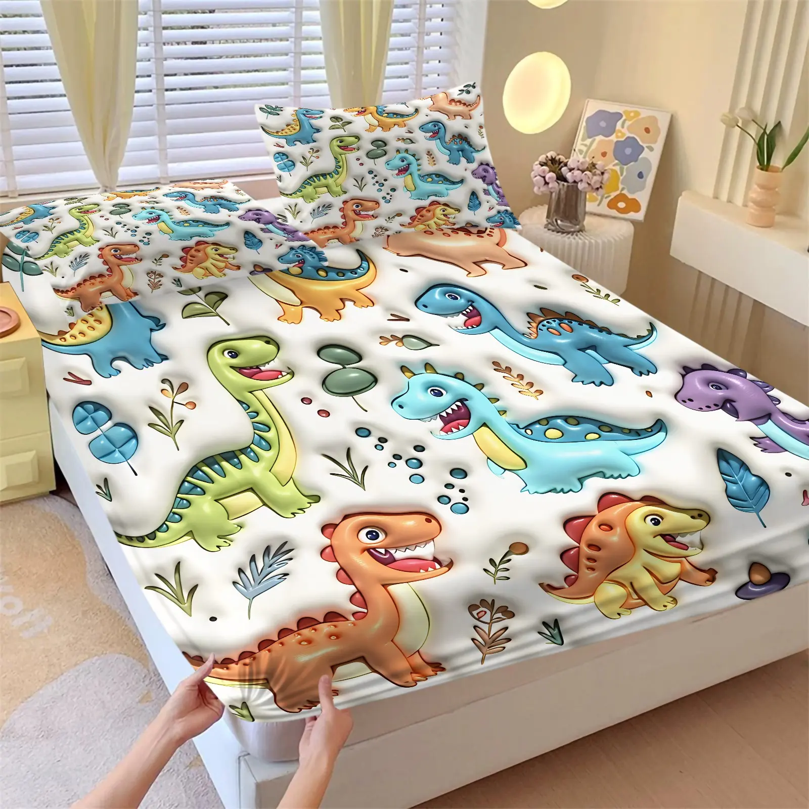 3PCS White Base 3D Cartoon Dinosaur Fitted Sheet Set (1 Fitted Sheet + 2 Pillowcases),Soft Breathable Fabric,Deep Pocket Anti-Slip Design,HD Digital Printing,Cute Dino All Season Bedding,Kids Jurassic Bedroom Vibes