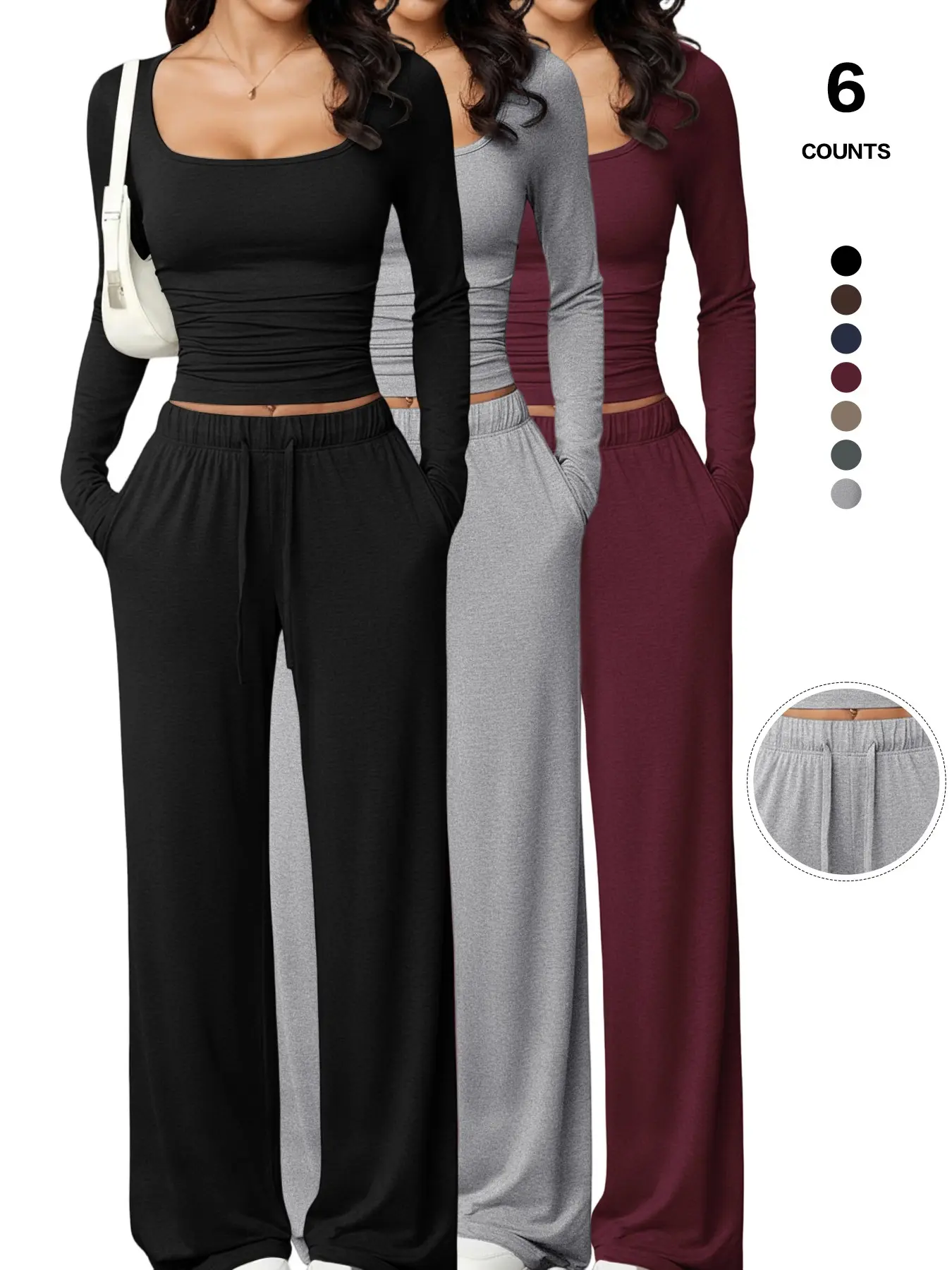 Wrinkle-Resistant 2-Piece Pant Set, Square Neck Crop Top, Wide Leg Sweatpants, Height Boosting, Fall Casual Style, Viral Ootd