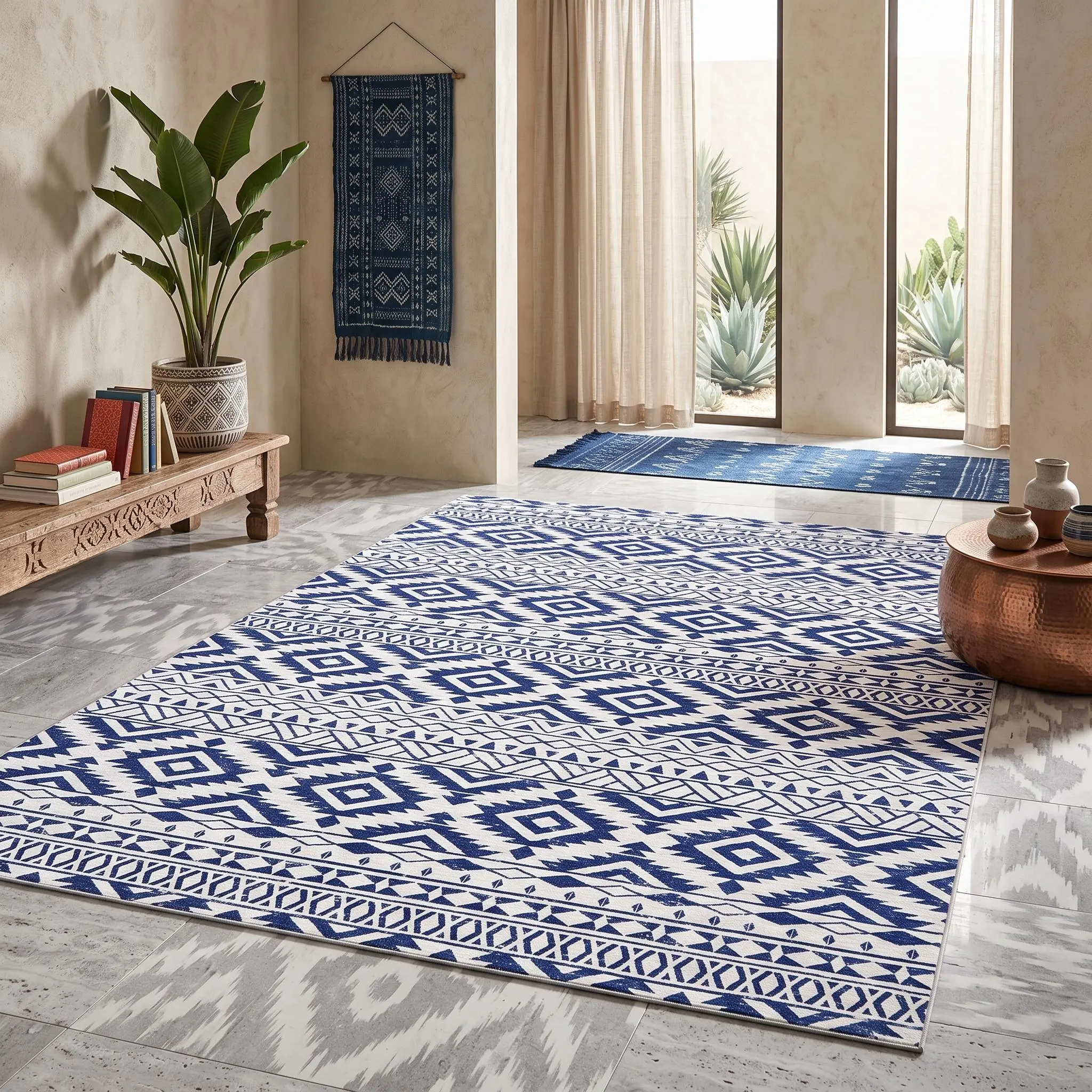 Vintage Geometric Print Rug Low-pile Neutral Soft Washable Non-slip Farmhouse Style Rug Ultra-thin and Non-shedding for Living Room Bedroom and Dining Room