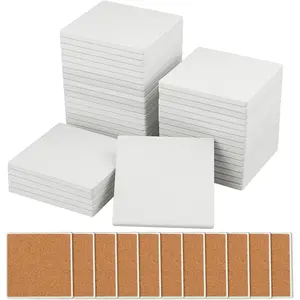 60 Pieces 4 Inch Blank Ceramic Coasters, Unglazed Ceramic Tiles Coasters, Ceramic Tiles with Cork Backing Pads for Painting, DIY Crafts, Mosaics, Square, White.by GNIEMCKIN