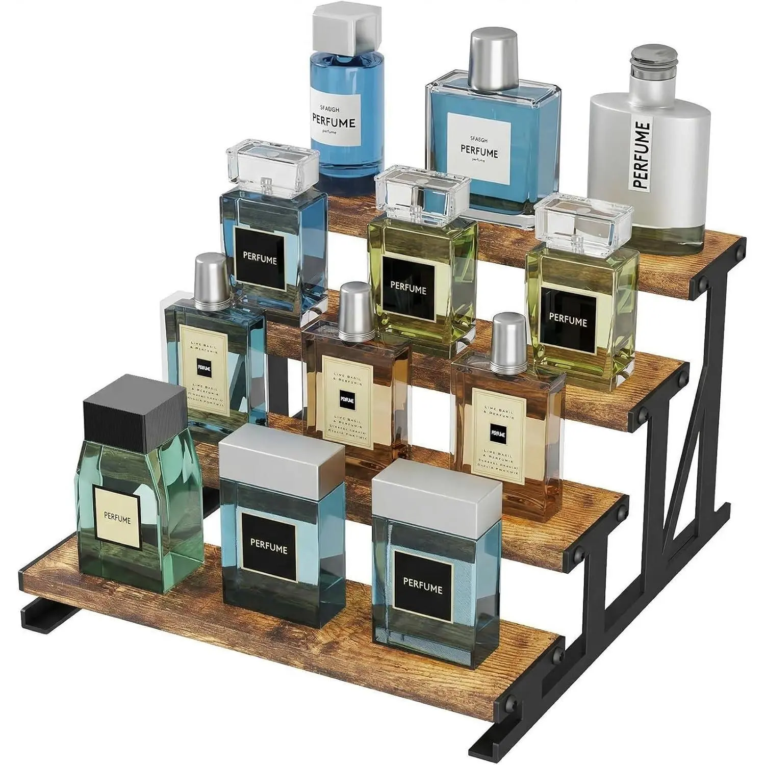 Brown Wooden Step-Tiered Multi-Purpose Storage Rack (9.9x9.3x6.1") - Men's Organizer, Cologne Stand Display, Perfume Display, Side Mount, Easy Installation for Bedroom, Kitchen Countertop (1 Pcs), Metal, Wood & Metal