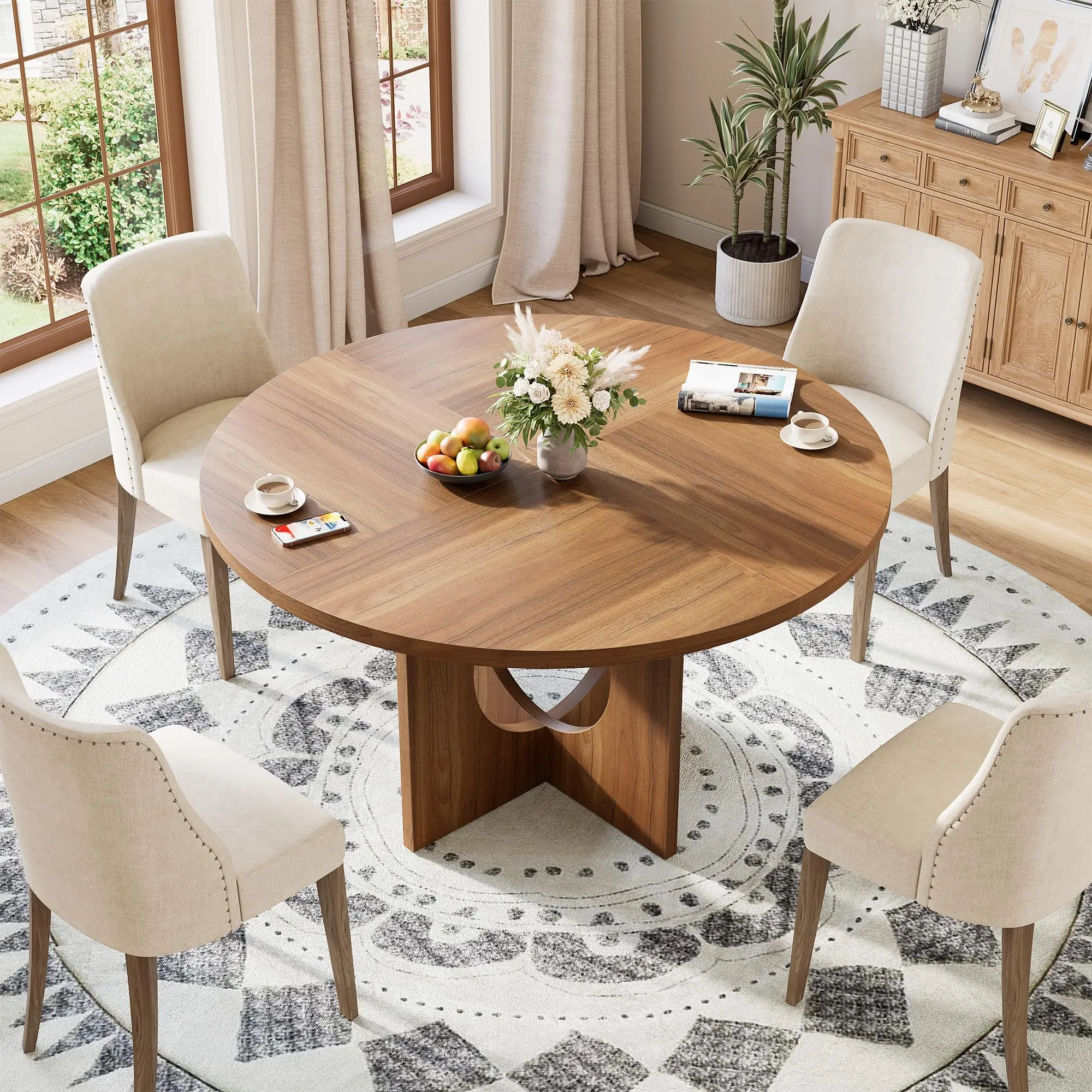 47'' Round Kitchen Dinner Table with Wooden Pedestal Base, Dinner Tables, Circle Kitchen Tables for Dining Room, Kitchen, Living Room (Table Only)