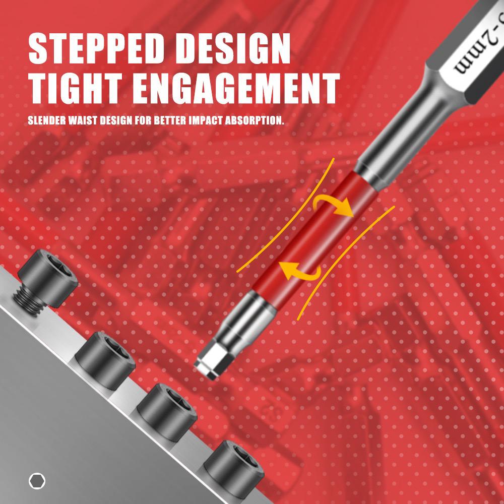 6-Piece Screwdriver Bit Set: Featuring magnetic hexagonal shanks and a unique pagoda-shaped internal hex design, a single bit can tighten nuts ranging from 1.5mm to 6mm-suitable for use with electric drills and wrenches.