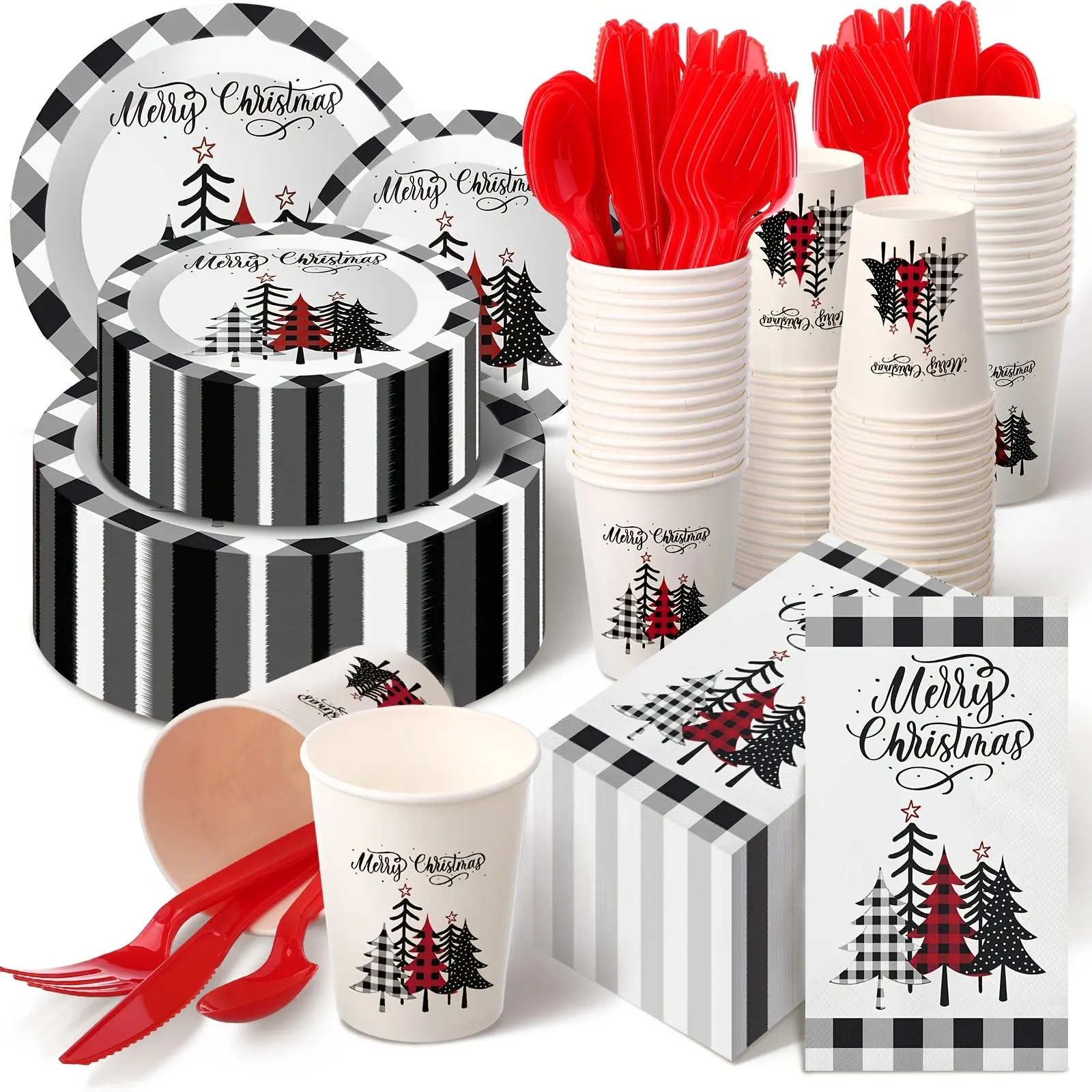 Set of 400 Disposable Christmas Dinnerware Including Plates And Napkins, Suitable for Serving 50 People at a Winter Holiday Party, Featuring Black, White, And Plaid Designs